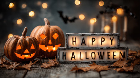 Tabletop scene with jack-o'-lanterns, dry leaves, and lightbox that reads Happy Halloweenの素材