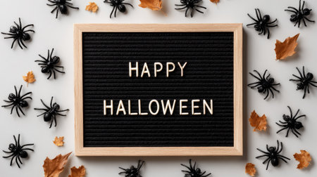 Stylish black felt letter board with Happy Halloween message and tiny plastic spiders on itの素材