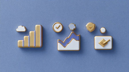 Abstract icons of finance, strategy, and digital marketing floating over blue backgroundの素材