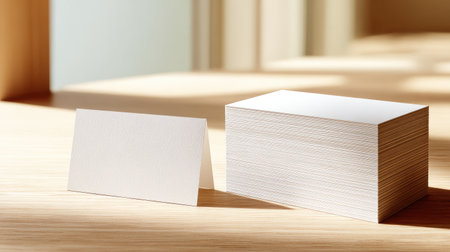 Blank business cards stacked neatly on a wooden desk with soft shadows and clean backgroundの素材