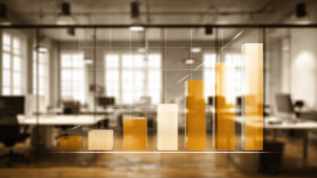 Bar chart overlay on office background symbolizing market share and revenue increaseの素材