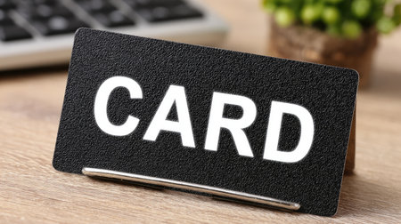Black card with bold white text placed in card holder on office workspaceの素材