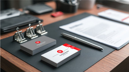 Business card beside paper clips, pen, and branding documents on deskの素材