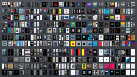 Business card collection in grid format showing various styles, layouts, and color schemesの素材