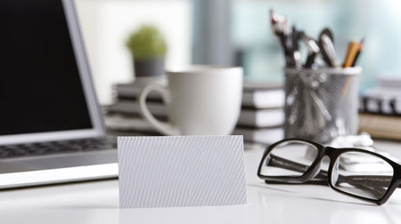 Business card displayed in front of laptop, glasses, and office supplies on white deskの素材