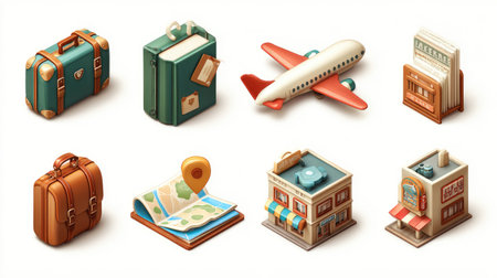 Business travel clipart set with suitcase, plane, map, and hotel booking iconsの素材