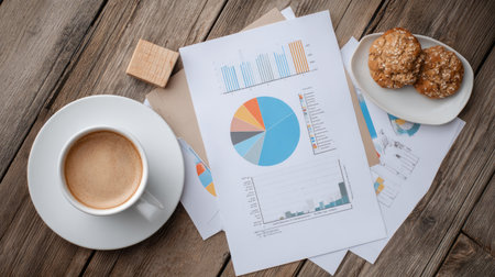 Document with pie charts and planning grid beside coffee and mobile phone on tableの素材