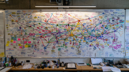 Colorful flowchart on whiteboard displaying interconnected team goals and deadlinesの素材