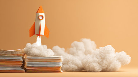 Creative business concept with paper rocket launching from document stackの素材