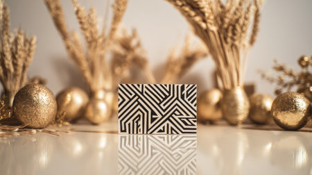 Creative business card with geometric design and bold text placed on clean tabletopの素材