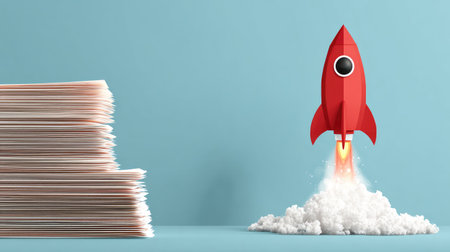 Creative business concept with paper rocket launching from document stackの素材