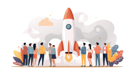 Flat clipart illustrations of startup launch, innovation, and market expansion conceptsの素材