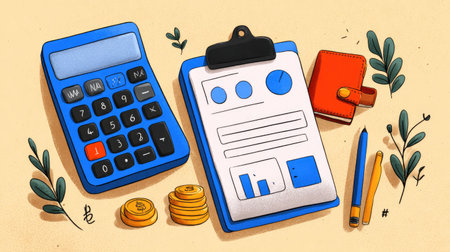 Financial business clipart featuring calculator, budget sheet, wallet, and profit symbolsの素材