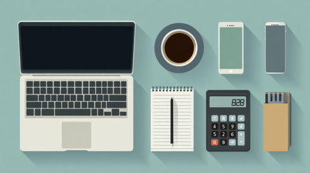 Flat design clipart of office supplies including laptop, coffee cup, calculator, and notepadの素材