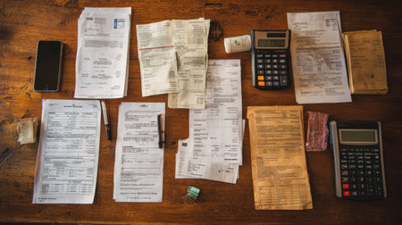 Flat lay of invoices, receipts, and accounting tools used by small retail ownerの素材