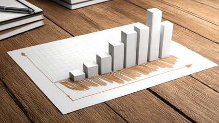 Graph icon rising from bottom of paper laid out on office table with growth conceptの素材