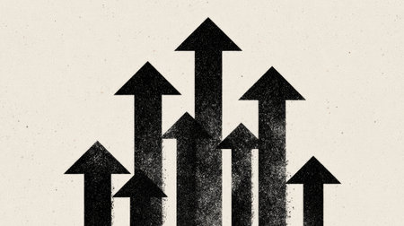 Group of upward arrows merging into one representing team-driven growthの素材