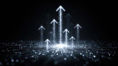 Group of upward arrows merging into one representing team-driven growthの素材