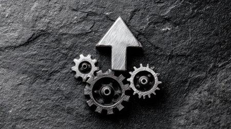 Gears connected to upward arrow icon symbolizing efficient business developmentの素材