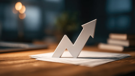Graph icon rising from bottom of paper laid out on office table with growth conceptの素材