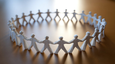 Hands made of paper forming a circle on table symbolizing trust and cooperationの素材