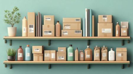 Inventory shelf with small business packaging, barcodes, and organized stock itemsの素材
