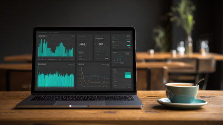 Laptop displaying business analytics dashboard with key performance metrics and chartsの素材