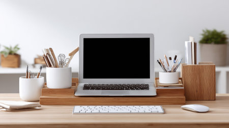Neat workspace with organized laptop, pen holder, and notebook on wood desk with tidy shelvesの素材