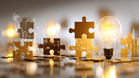 Business innovation concept with puzzle pieces, light bulb, and graph overlayの素材