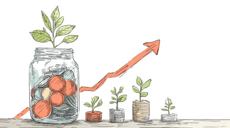 Investment growth concept with savings jar, coins, and rising arrow sketchの素材