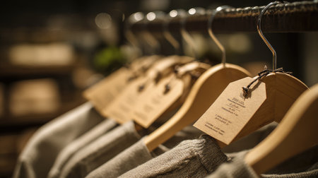 Fashion boutique interior with hangers, tags, and folded products ready for saleの素材