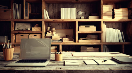 Neat workspace with organized laptop, pen holder, and notebook on wood desk with tidy shelvesの素材
