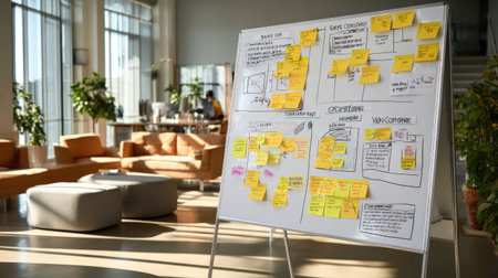 Office whiteboard with business model canvas and expansion plan notesの素材