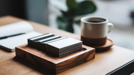 Side view of business cards stacked in card tray on minimalistic desk setupの素材