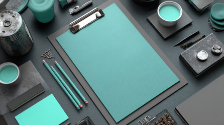 Personal branding business card design on clipboard with pencils and workspace elementsの素材