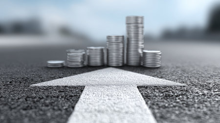 Road to success metaphor with upward road arrow and financial milestonesの素材