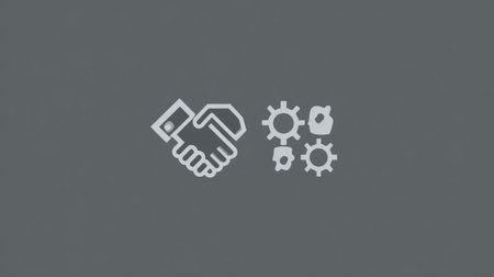 Strategic alliance icons with handshake and gears symbolizing business partnershipsの素材