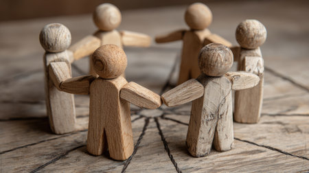 Wooden figurines connected with lines on tabletop to symbolize teamwork structureの素材