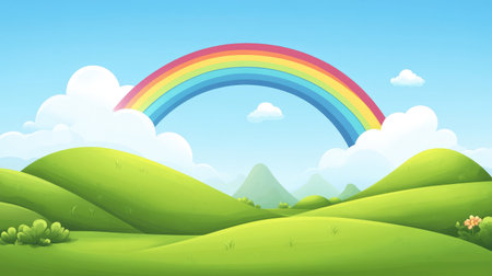 Happy cartoon landscape with green hills, blue skies, and rainbow elementsの素材