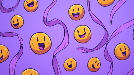 Lavender background with doodle-style ribbons and floating cute emojisの素材