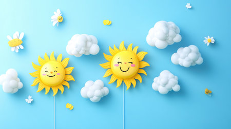 Light blue background with smiling cartoon suns and fluffy clouds radiating joy and positivityの素材