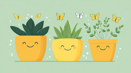 Light green background with smiling plant pots and tiny butterfliesの素材