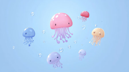 Light blue background with floating jellyfish and sea creatures in cartoon styleの素材