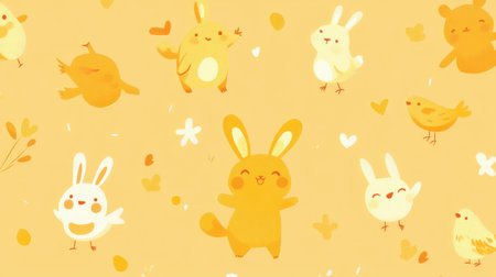 Light orange background with cartoon animals like bears, rabbits, and birdsの素材