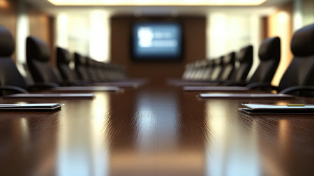 Meeting room background with large wooden table, digital screen, and office chairsの素材