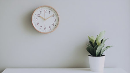 Minimal office space with a wall clock, indoor plant, and tidy white desk in a bright environmentの素材