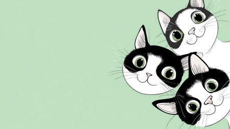 Mint background with cartoon cats peeking from the sides with playful expressionsの素材