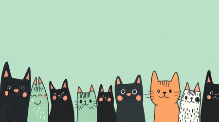 Mint background with cartoon cats peeking from the sides with playful expressionsの素材
