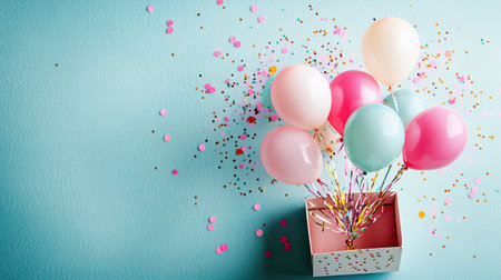 Overhead view of a birthday gift box bursting open with multi-colored balloons and glittery confetti on a pastel flat layの素材