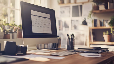 Office desk background with monitor, calendar, and pen holder arranged neatlyの素材
